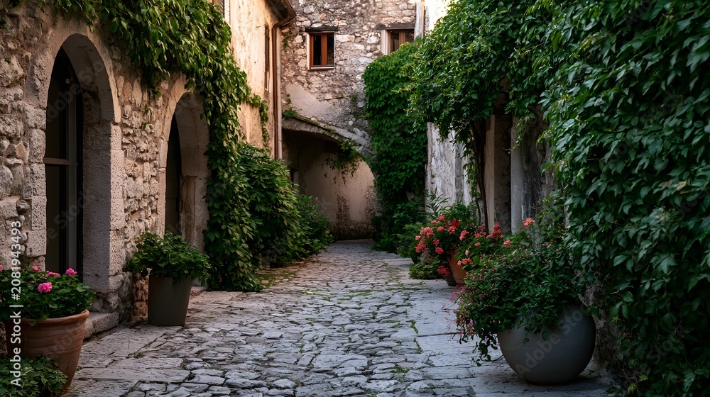 Fototapeta premium A narrow cobblestone alleyway flanked by stone buildings with arched doorways and lush green ivy growing over walls and potted plants