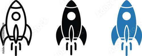 Tableau sur toile Vector illustration of rocket icons in outline, solid black, and blue styles rep