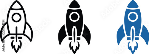 Tableau sur toile Vector illustration of rocket icons in outline, solid black, and blue styles rep