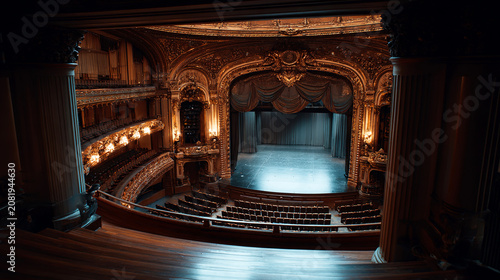 View from an ornate opera house balcony overlooking a grand empty theater hall with dramatic architecture and warm lighting. Arts, culture, theatrical mood.