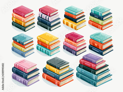 Set of colorful stacked books painted in gouache style. Hand-drawn textured illustration of bright book piles isolated on a white background. Education, reading, and literature concept.