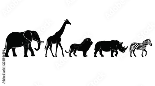 African Wildlife Silhouette Collection with Elephant, Giraffe, Lion, Rhino and Zebra Black and White Vector