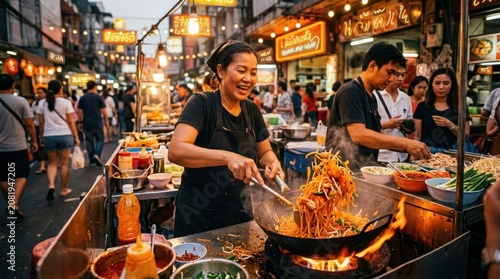 Asian street food vendor cooking noodles in a wok at a bustling night market