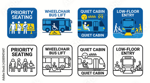Public transportation accessibility icon set featuring priority seating wheelchair access and quiet cabin designs in line art and colored vector styles