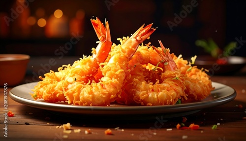 A plate of golden fried shrimp on a dark wooden table