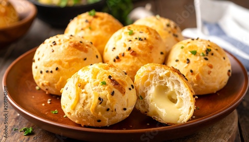 A plate of golden-brown cheese bread balls