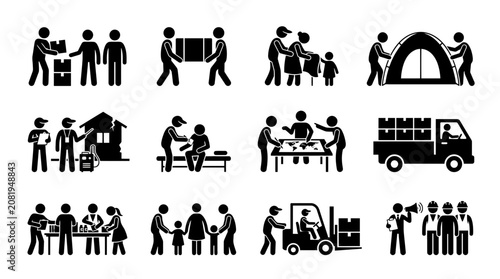 Foto Comprehensive collection of humanitarian aid and disaster relief stick figure icons showing volunteers distributing supplies, medical care, and building temporary shelters
