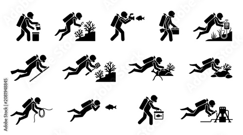 Tableau sur toile Set of stick figure icons depicting scuba divers performing various underwater tasks, scientific research, photography, and marine exploration activities in a minimalist black style