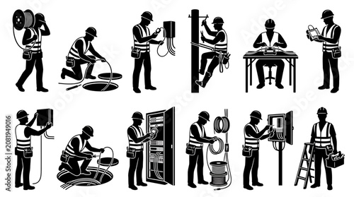 фотографія Set of professional electrical technicians and telecommunications engineers performing maintenance, installation, and inspection work in various industrial and outdoor environments