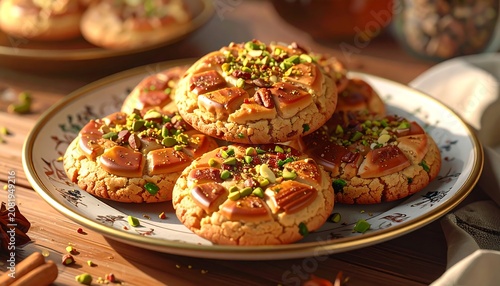 A plate of golden-brown cookies topped with chopped nuts on a wooden table