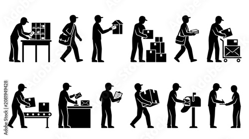 Bilde på lerret Comprehensive set of postal service and courier delivery icons depicting mail sorting, package handling, shipping, and customer interaction in a clean professional black vector silhouette style
