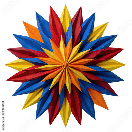 Colorful radial paper starburst decoration with red, blue, orange, and yellow folded points isolated on transparent background
