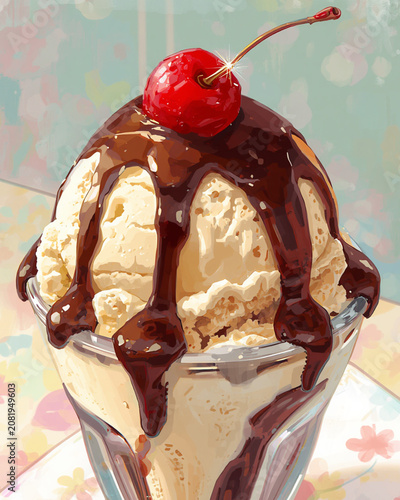 classic vanilla ice cream sundae, vanilla ice cream, chocolate sauce, hot fudge, cherry on top, maraschino cherry, whipped cream, dessert, frozen dessert, ice cream, sweet treat, creamy dessert, choco