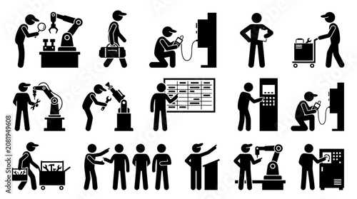 Collection of industrial maintenance and mechanical engineering icons showing technicians using tools, inspecting machines, managing logistics, and operating control panels in black.