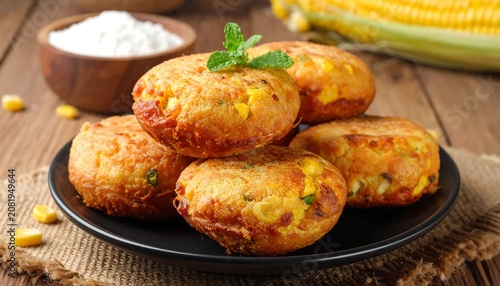A plate of golden-brown corn fritters garnished with mint on a wooden table
