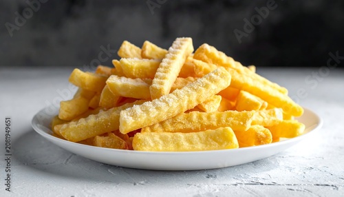 A plate of golden-brown crinkle-cut fried potatoes on a white surface