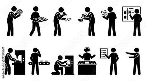 Foto Set of stick figure icons depicting electronics manufacturing workers, semiconductor production technicians, quality control inspectors, and industrial engineers working in a high-tech facility