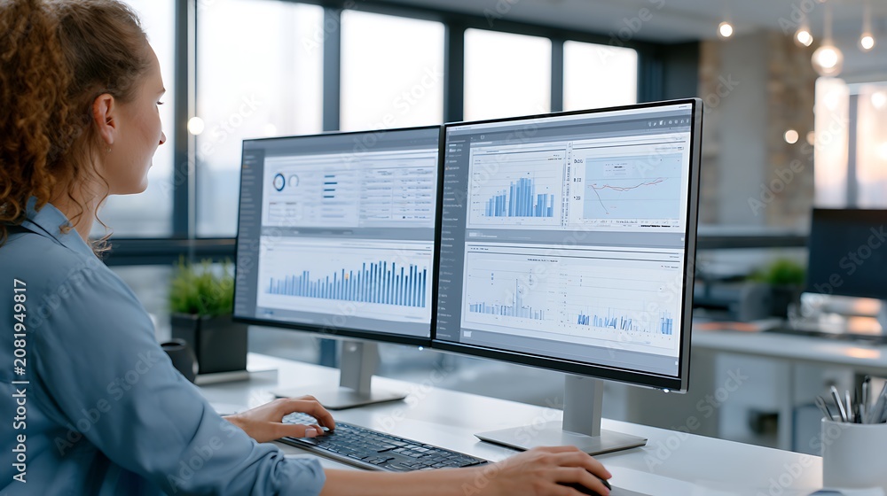 Fototapeta premium woman working on computer with dual monitors displaying data analysis and graphs in modern office