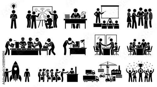 Corporate business and office productivity icons featuring brainstorming, strategic planning, meetings, teamwork, manufacturing, logistics, startup success, and professional growth.