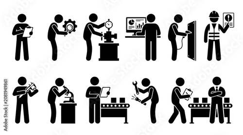Fotografie Industrial quality control and manufacturing inspection icons showing workers using precision tools, microscopes, and digital data analysis to ensure product standards in a modern factory setting