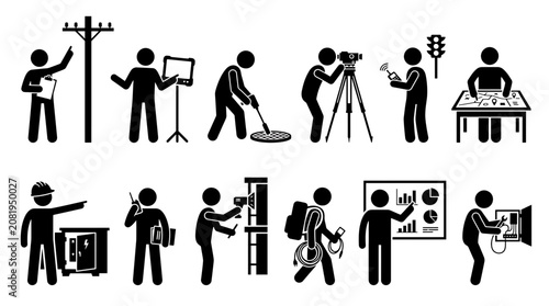 Set of utility and infrastructure maintenance stick figure icons showing technicians working with electrical systems, surveying, telecommunications, and field repair operations.