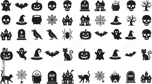 Halloween icons set spooky ghosts pumpkins skulls and witch elements