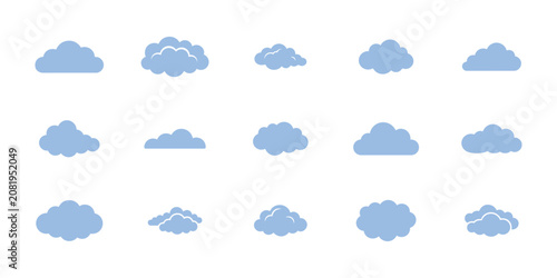 Fotografía Cloud blue flat vector icons set for weather forecast, Sky cumulus silhouette shapes collection