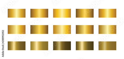 Gold gradients set of fifteen metallic rectangular swatches. Gold color palette collection with shiny and matte textures. Gold metallic textures isolated on a white background