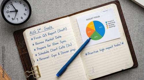 Open Journal with Goals and Pie Chart for August Planning