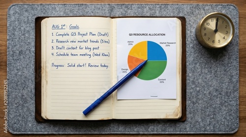 Open Journal with Handwritten August Goals and Resource Allocation Pie Chart