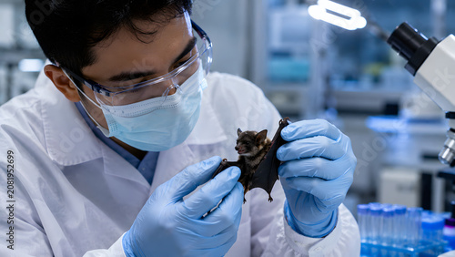 Researcher Examining Bat in Laboratory