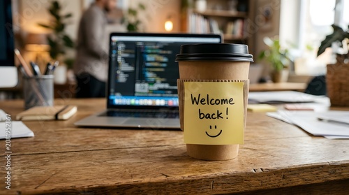 Takeaway coffee cup with welcome back note on wooden office desk, employee