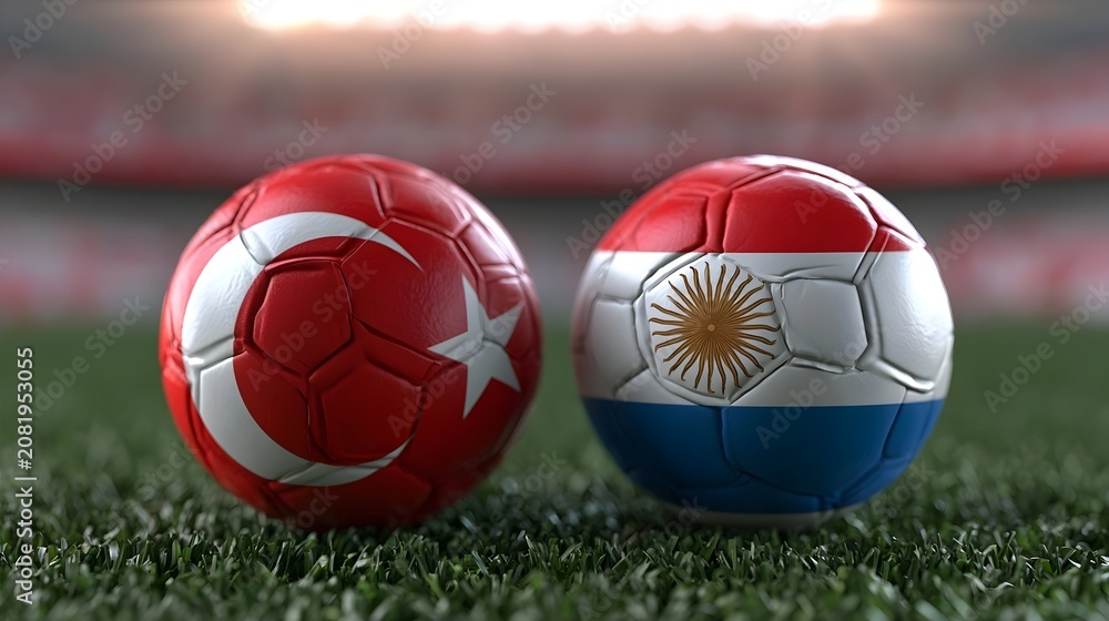 Fototapeta premium Two soccer balls in flags colors on a stadium blurred background.