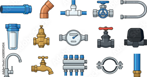 Fotografie Plumbing Water Supply Components Vector Icon Set with Pipe Connectors, Valves, F