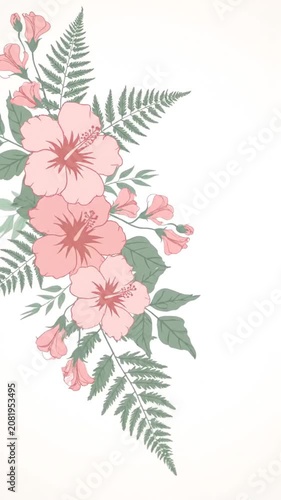 Sequential floral pattern animation showcasing pink hibiscus and fern greenery in a seamless repetitive design for elegant
