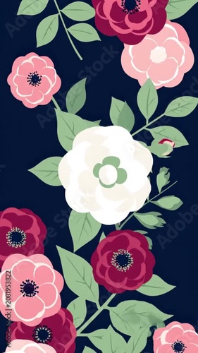 Dynamic floral pattern with layered colorful roses and green leaves on dark background