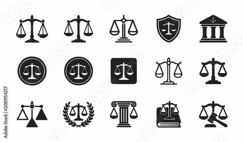 Schilderij op canvas Justice Scales Icon Set Collection with Law Balance Symbols in Minimal Outline a