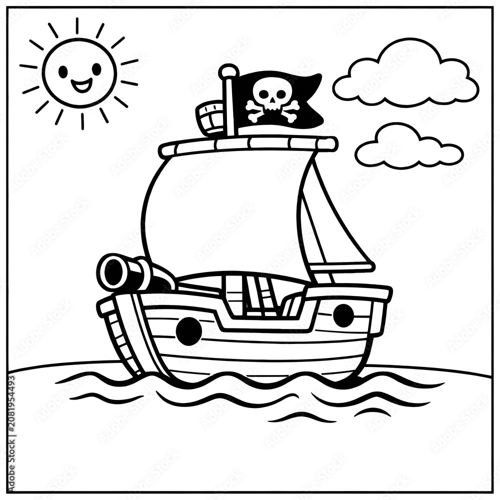 Fototapeta premium pirate ship on the sea coloring page for kids