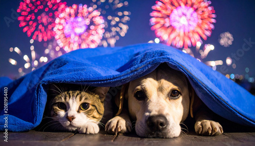 Cat and dog hiding together under blue blanket during fireworks