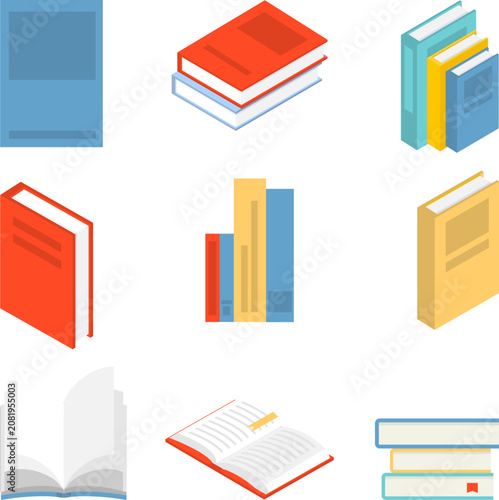 Isometric books vector illustration set including open closed stacked and standing educational literary volumes