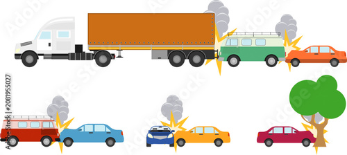 Car accident vector illustration set showing multiple vehicle crashes road collisions traffic safety dangers