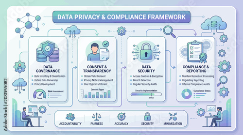 Comprehensive data privacy and compliance framework infographic.