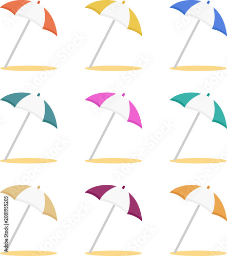 Beach umbrellas side view set on sand vector illustration for summer vacation travel graphics