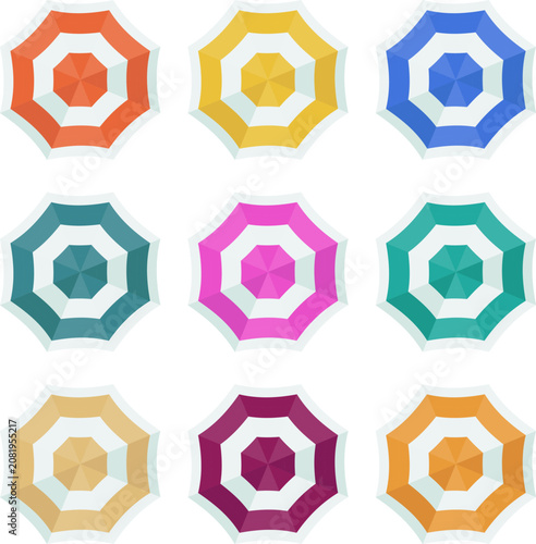 Beach umbrellas top view vector illustration pattern set for summer vacation resort aerial design