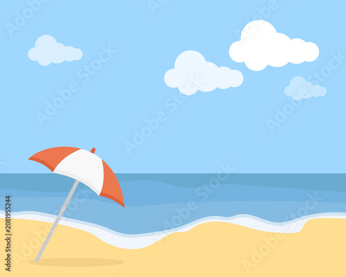 Sunny tropical beach background with ocean waves sand and striped sun umbrella vector illustration