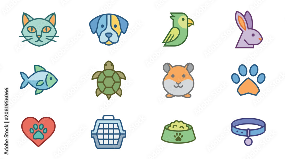 Obraz premium Collection of cute cartoon animal icons and pet accessories.