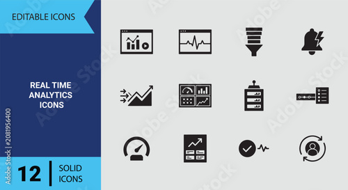 Instant Real Time Analytics and Live Information Stream Dashboard Solid Glyph Icon Set Tech
