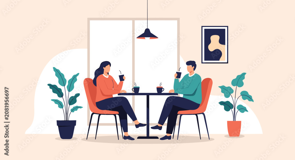 Fototapeta premium Man and woman are sitting at a table in a cozy cafe enjoying hot drinks and having a pleasant conversation.