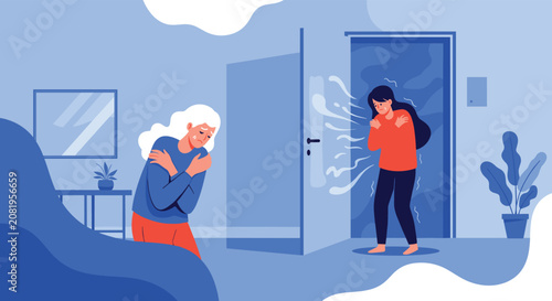 Elderly woman and young girl are feeling very cold indoors as a freezing draft blows in through an open door.