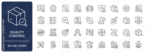 Quality control icon set. Collection of quality assurance, standard compliance, product inspection, defect testing and performance evaluation line icon vector illustration with editable stroke.